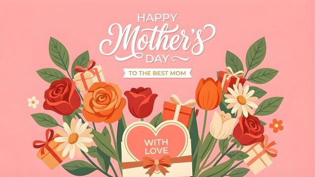 Vintage greeting card design with pink tulip flower and floral rose frame decoration for Valentine's Day love celebration - Powered by Adobe