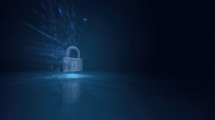 A digital padlock appears in a blue environment, symbolizing cybersecurity and data protection with glowing binary codes.