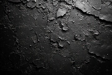 Naklejka premium Close-up of cracked and peeling black paint texture revealing rough uneven surface underneath with dramatic lighting