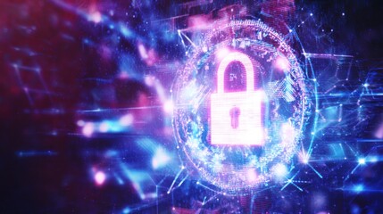 A vibrant digital representation of a padlock symbol, indicating cybersecurity and data protection, surrounded by colorful, dynamic visual effects.