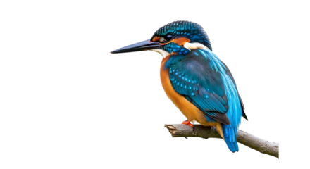 Vibrant Kingfisher Bird Perched on a Twig with Detailed Plumage, cutout, PNG isolated on white or transparent background