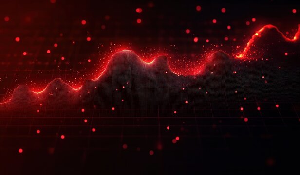 Red glowing abstract wave form with floating particles on dark digital grid background conveying data flow and dynamic energy