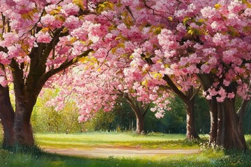 Sunlit pathway under a canopy of blooming pink cherry blossom trees in a peaceful park setting