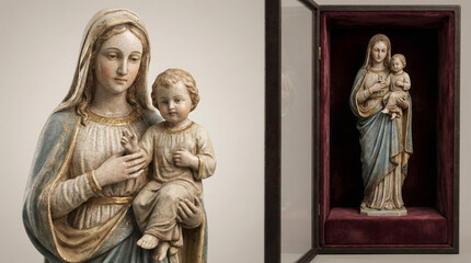 Antique religious statue of Mary and baby Jesus, a symbol of faith and timeless artistry, perfect for projects about spirituality, historical artifacts, or religious art collections