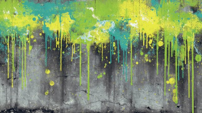 A vibrant abstract mural featuring splashes of bright green and blue paint dripping down a textured gray background.