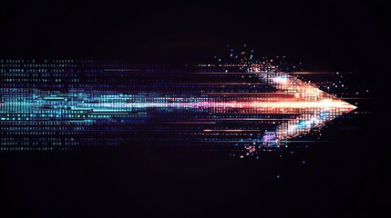 A digital arrow with a glowing tail, moving through a digital landscape with binary code.