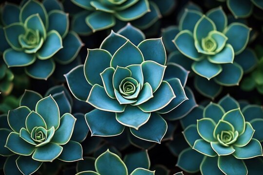 Close-up image of bluish-green succulent plants with rosette-shaped leaves showing detailed texture and subtle lighting - Powered by Adobe