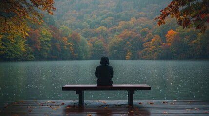 Autumn rain, solitary figure by lake