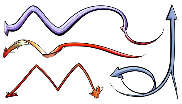 Colorful, stylized, curved arrows of various shapes pointing up, down, & around, isolated