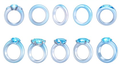 Digitally rendered collection showcasing transparent, light-blue gemstone rings in multiple views