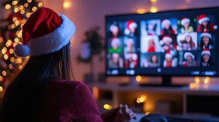 Woman wearing santa hat video conferencing with family and friends on christmas day virtual meeting during the holidays online christmas celebration concept