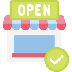 Simple Storefront With Open Sign and Check Mark Indicator Green Lime Sign Above Store Red White Blue Windows And Red Base Illustration Isolated On Transparent Background