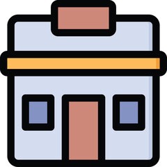 Simple Stylized Building Facade With Two Windows And A Door In A Flat Design Aesthetic Featuring A Prominent Rectangular Sign Above The Entrance And A Horizontal Band Across The Upper Portion In