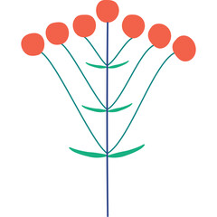 Simple Stylized Coral Colored Berry Stem with Green Leaves on a Transparent Background Abstract Botanical Illustration