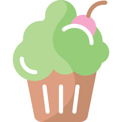 Simple Stylized Cupcake with Swirled Green Frosting and Red Cherry Topping on a Transparent Background