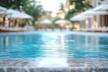 Calm and inviting outdoor swimming pool surrounded by white lounge chairs and umbrellas on a sunny day with green trees in the background