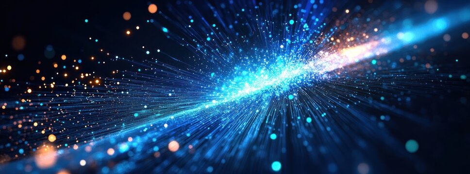 Abstract visualization of glowing blue particles and lines radiating outward with scattered bright orange and blue dots creating a dynamic digital energy flow