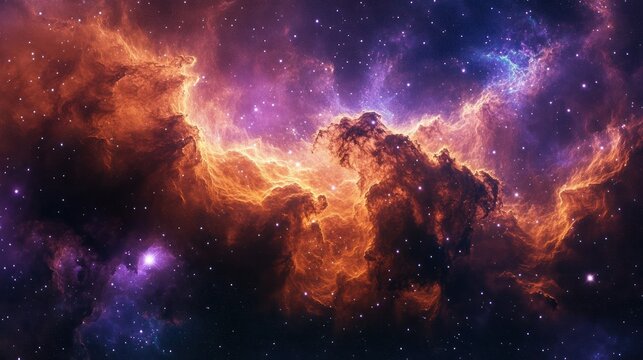 Vibrant cosmic nebula in deep space with glowing orange and purple clouds of gas and dust illuminated by stars