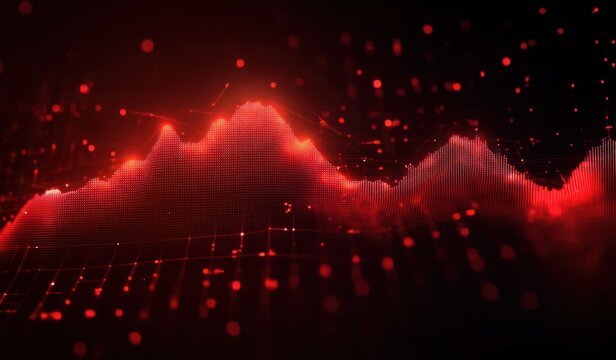 Abstract red digital waves and dots forming a glowing fluctuating data landscape on a dark background with floating particles