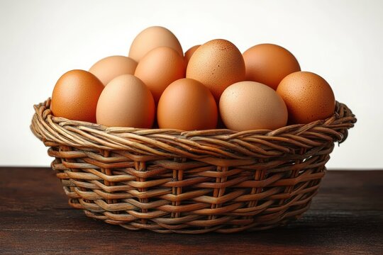 brown eggs neatly arranged in a woven wicker basket on a dark wooden surface with a plain light background