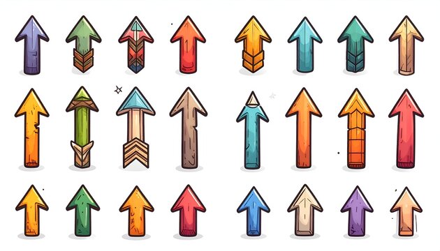 A collection of various upward-pointing arrows with unique designs and colors