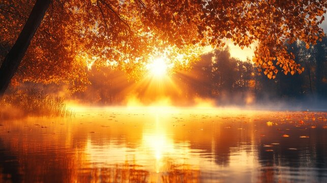 Autumn sunrise over a misty lake
