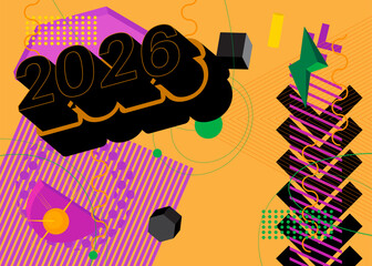 2026 geometrical graphic retro theme background. Minimal geometric elements. Vintage abstract shapes vector illustration.