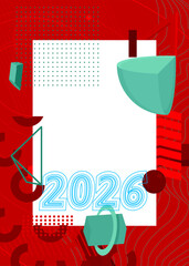 2026 geometrical graphic retro theme background. Minimal geometric elements. Vintage abstract shapes vector illustration.