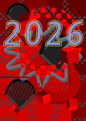 2026 geometrical graphic retro theme background. Minimal geometric elements. Vintage abstract shapes vector illustration.