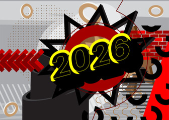 2026 geometrical graphic retro theme background. Minimal geometric elements. Vintage abstract shapes vector illustration.