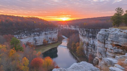 Autumn sunrise over a canyon river valley