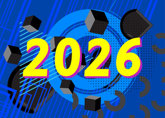 2026 geometrical graphic retro theme background. Minimal geometric elements. Vintage abstract shapes vector illustration.