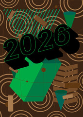 2026 geometrical graphic retro theme background. Minimal geometric elements. Vintage abstract shapes vector illustration.