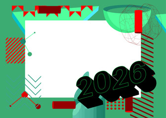 2026 geometrical graphic retro theme background. Minimal geometric elements. Vintage abstract shapes vector illustration.