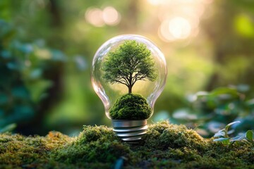 A single tree growing on green moss inside a transparent light bulb placed on mossy ground with a blurred natural background and sunlight