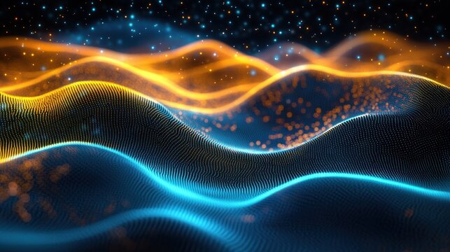 Abstract flowing waves of blue and orange digital particles creating a dynamic futuristic landscape under a starry background