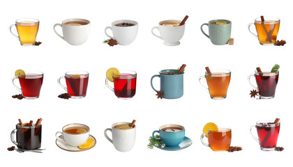 Collage of traditional hot beverages isolated on transparent png