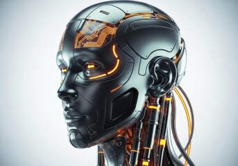 Detailed futuristic robot head with glowing circuits isolated on white background