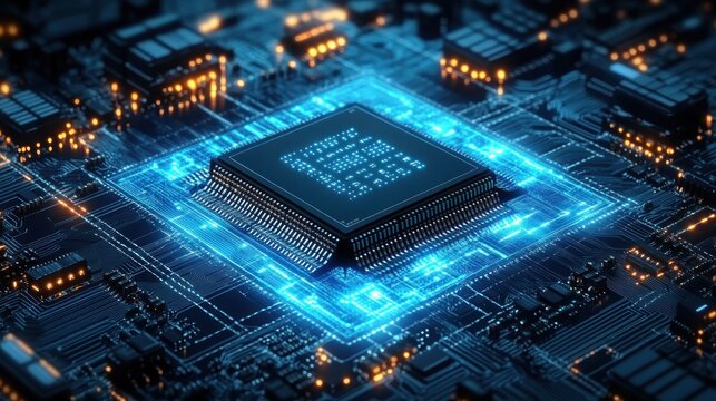 Close-up of a glowing electronic microchip on a circuit board emitting blue and orange light, symbolizing advanced technology and connectivity