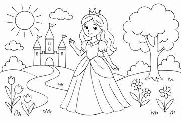 Beautiful princess with royal crown stands proudly before grand castle blooming flowers bright sunny sky ready for coloring fun