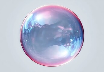 A single transparent iridescent soap bubble floating against a plain light background, displaying soft reflections and subtle hues of pink and blue with a smooth, delicate surface