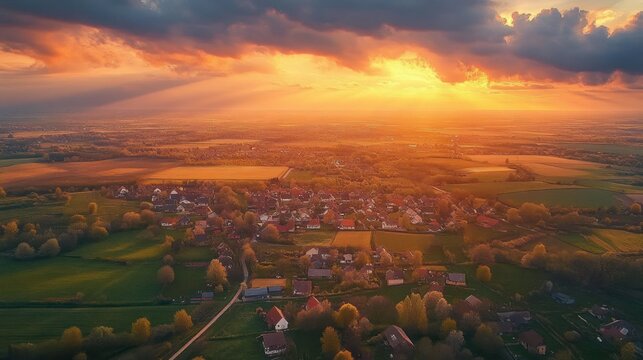 Aerial view of a rural village at sunset with sprawling green fields, scattered houses, and dramatic clouds illuminated by golden sunlight