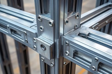 Close-up of a metallic frame structure showing interconnected aluminum profiles joined with bolts and brackets with a mechanical and industrial feel