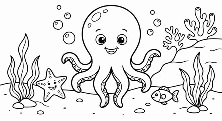 An adorable smiling octopus makes new friends in this charming ocean scene ready for your creative coloring fun