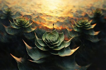 Solitary figure standing on giant glowing succulent plants under a mystical golden sky, evoking a sense of wonder and solitude in a surreal landscape