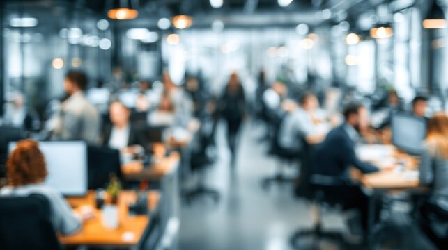 A blurred image of a busy office environment with people working at desks and computers, highlighting a collaborative workspace atmosphere.