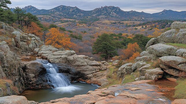 Autumn waterfall cascading into a rock pool, with mountains in the background - Powered by Adobe