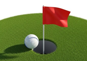 Golf ball and red flag on a green hole isolated on white background