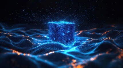 glowing blue digital cube floating above a wavy surface with orange highlights in a dark futuristic environment