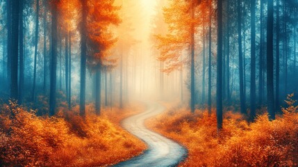 Autumnal forest path winding through a misty, colorful landscape